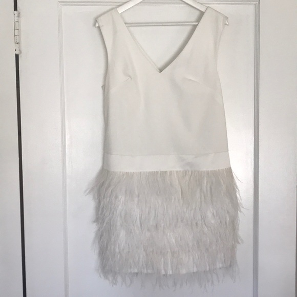 Dress- white, v-neck, drop waist, feathered skirt - Picture 1 of 5